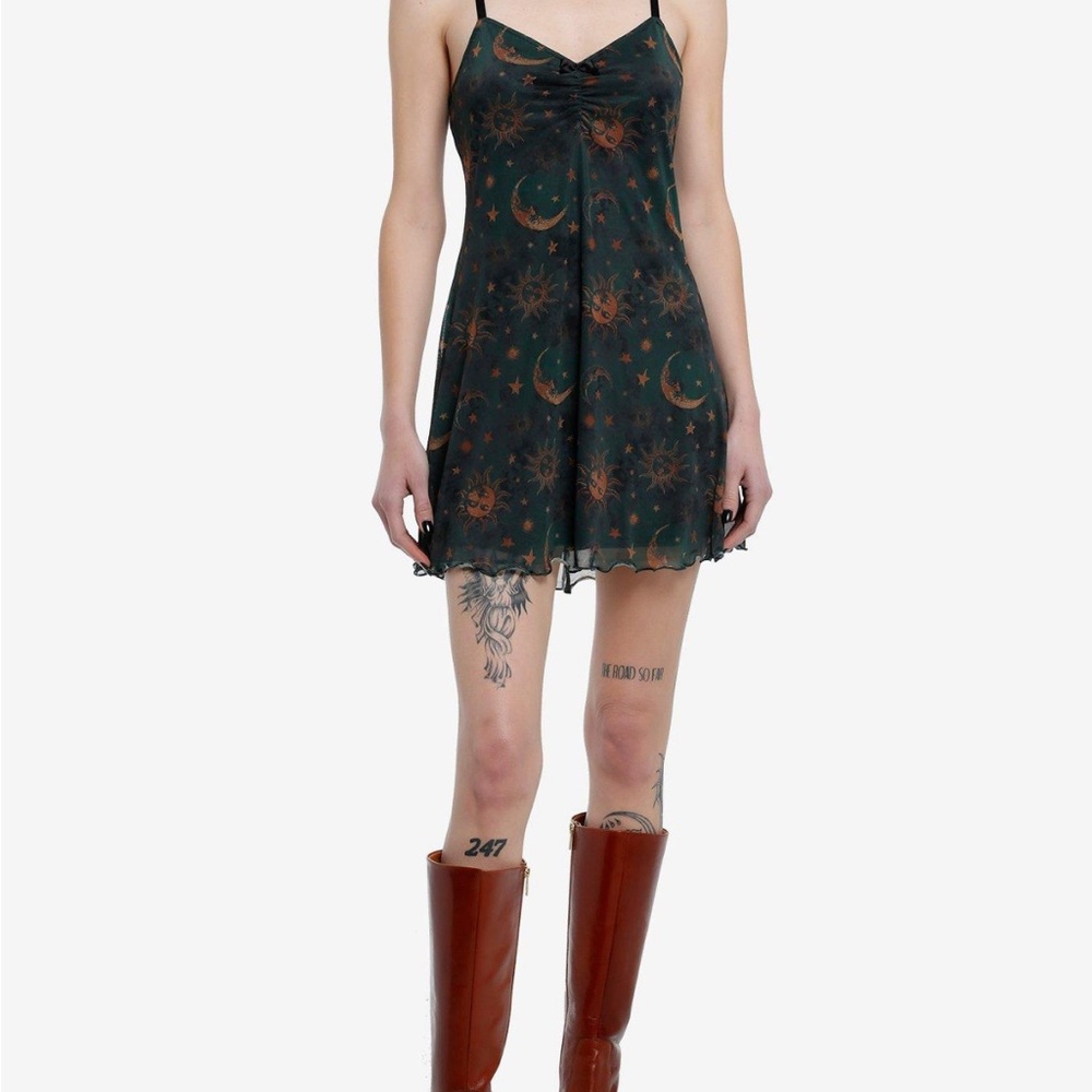 Cosmic Aura Green & Gold Celestial Print Mini Dress - Picture 2 of 6